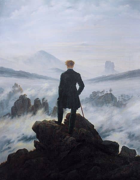 "A Wanderer Above a Sea of Fog" by Caspar David Friedrich, a German romantic painter. Painted in 1818 the original currently hangs in Kunsthalle Hamburg in Germany. Gaddis uses this painting to relate the methods of history.