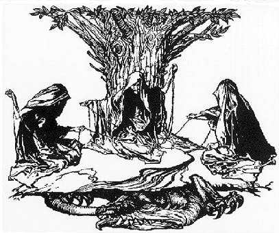 The Norns gather at the roots of Yggdrasil by the Well of Urd - well of knowledge where Odin lost an eye. The Norns were blind Urd (Past), Verdandi (Present) and Skuld (Future) Below them Jormungand the World Serpent, son of Loki waits for Ragnaroek