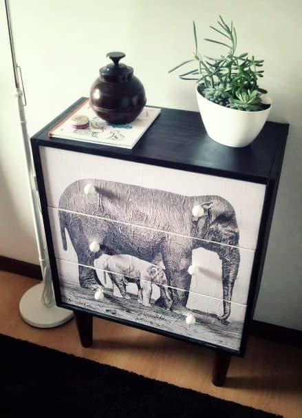This piece of furniture started life as a plain IKEA product, but decoupaging a picture to the front has made it unique.