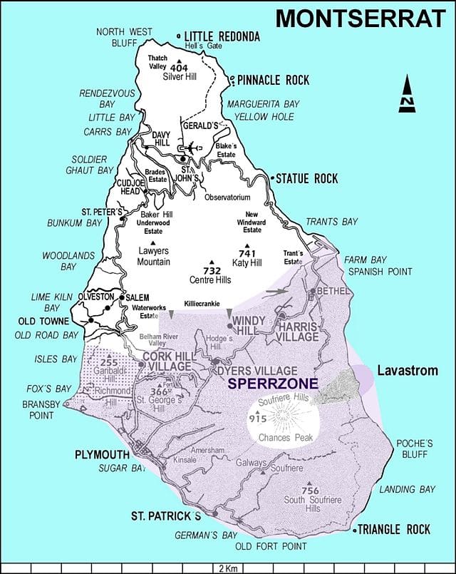Montserrat between the Caribbean Ocean (left) and the Atlantic Sea (right), showing location of the Soufriere Hills volcano (white in purple section). Credit: Oskarp