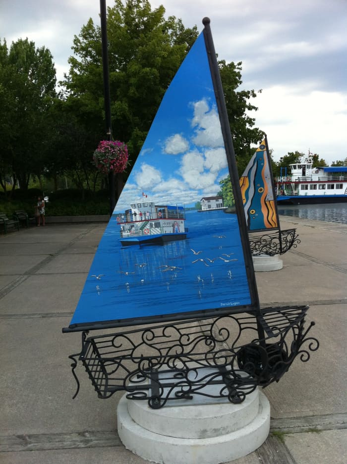 This sailboat sculpture can be found at the Orillia waterfront. This particular one is of The Island Princess a riverboat that is still running today offering tours of Lake Couchiching and Lake Simcoe.