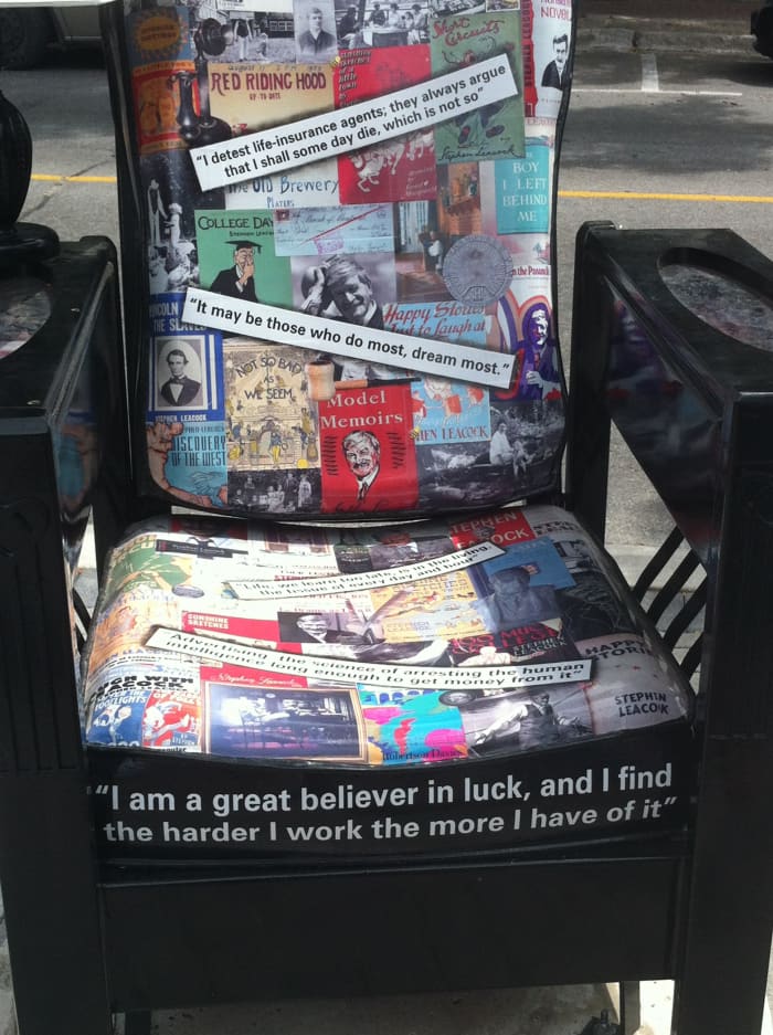 This chair has many quotes by Steven Leacock as well as drawing of some of his many books. The Reading Chair artist is Brenda Slater
