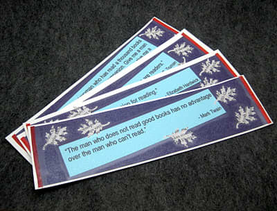 I used famous quotes about reading for those bookmarks. I covered them in contact paper so that they'll have a long life span.