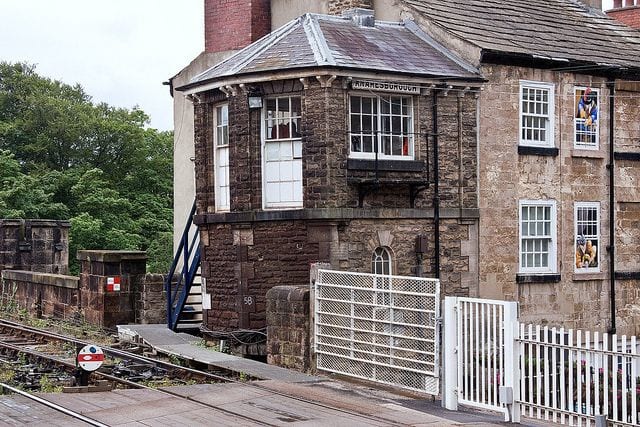 The quaint listed signal cabin at Knaresborough Station looks like an 'add-on' to the end of a neighbouring building