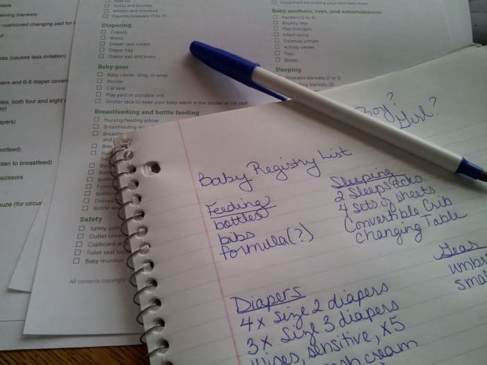 Using the printed baby shower registry checklists, make your own list of things you think you might need or want for the baby.