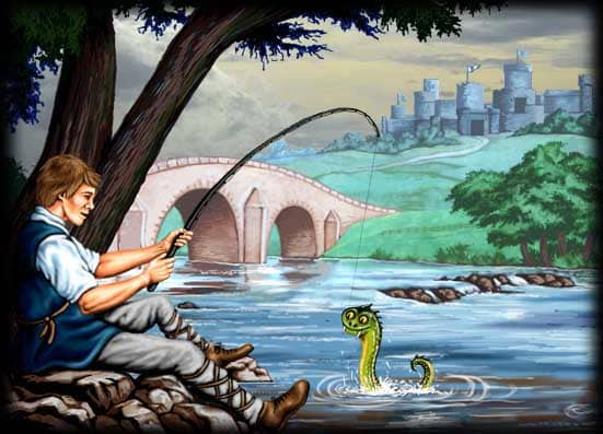 The legend begins, of John Lambton and the Lambton worm - John fishing the creature from the river by the bridge when he was expected to be in church...