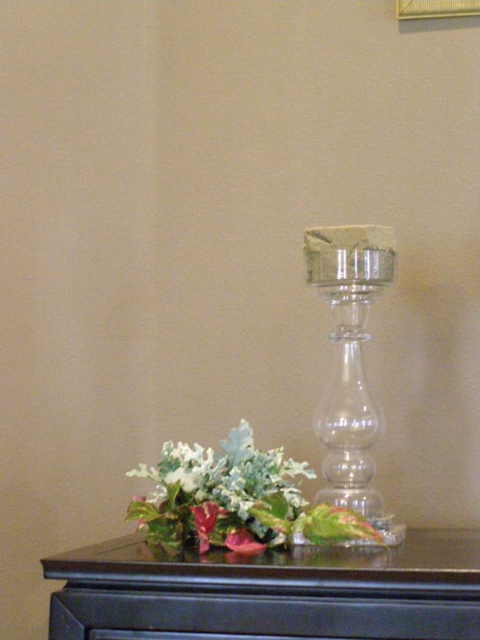 Glass candlestick, foliage and flowers, filled with foam (for silk flowers) ready to make a candle centerpiece