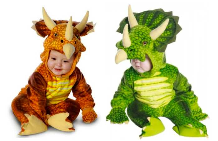 The triceratops in rust and green features a fleece jumpsuit with booties and detached mitts, adjustable padded hood with soft horns, embroidered nostrils and plastic eyes. Available at