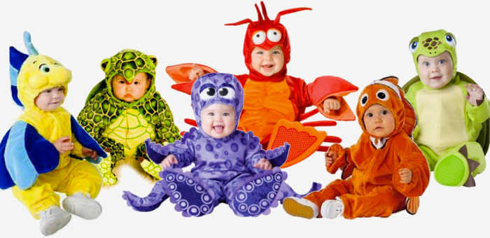 Baby Flounder Hoodie+Pants, Baby Turtle 3pc Jumpsuit, InCharacter Tiny Tentacles 3pc Octopus Costume, Lil Characters 3pc Lobster Costume, Disney Clownfish Hooded Jacket+Pants, and InCharacter Tiny Turtle Jumpsuit w/Detachable Shell. Available at