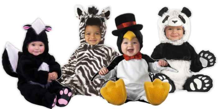 Lil Character Skunk , Zebra Chenille Jumpsuit, InCharacter Penguin Jumpsuit, Booties and Top-Hatted Hood, and California Costumes Chenille Panda Jumpsuit with Hands, Feet and Hood, all with snap legs. And all available at