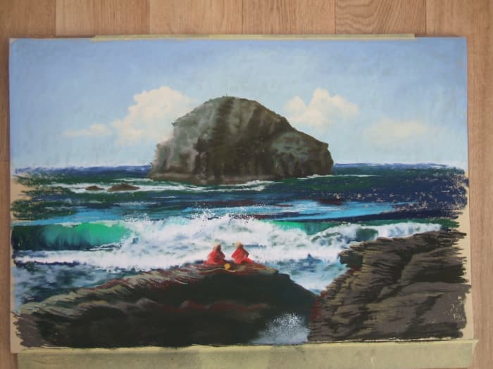 Lifeguards Relaxing At Trebarwith Strand, Cornwall. Pastels on fisher 400 paper.