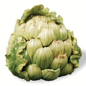 In the shape of a vegetable, some soup service pieces will mimic ingredients. Such is this artichoke shaped covered dish.