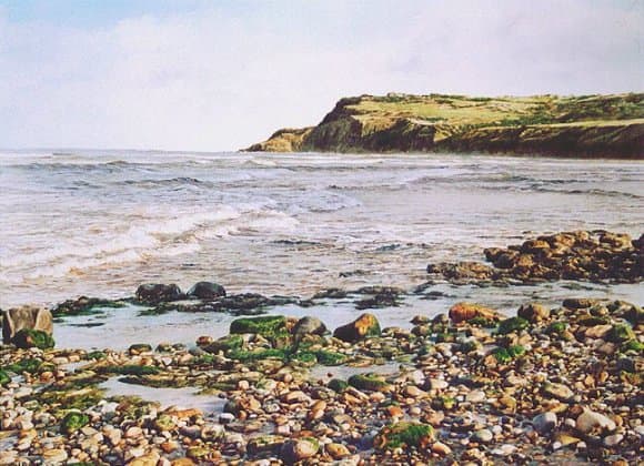Ravenscar - or Peak - from the beach at Bay Town, Robin Hood's Bay. Painting by Megan Burford