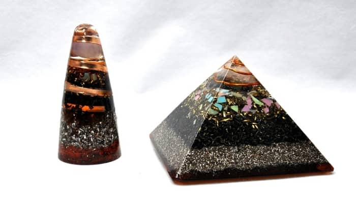 Examples of what orgonite looks like. As you see, it is not uncommon to have a metal spiral embedded within a piece