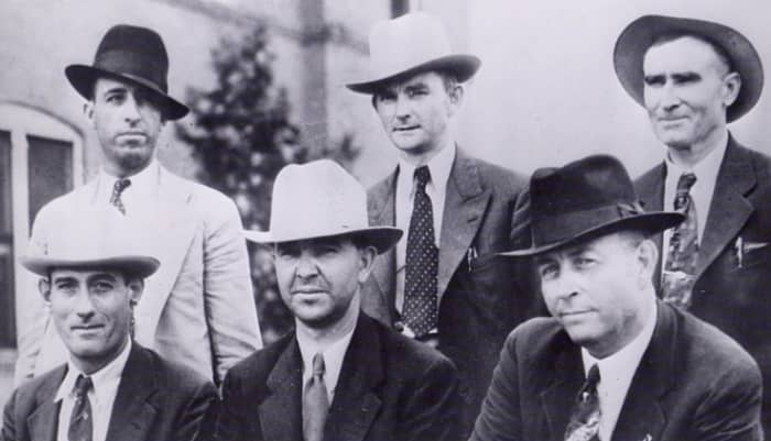 LEFT TO RIGHT, STANDING: Ted Hinton, Prentiss Oakley & B.M. "Maney" Gault SITTING: Bob Alcorn, Henderson Jordan and Frank Hamer