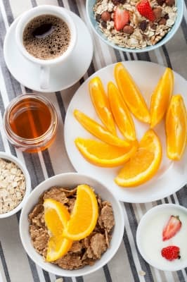 all these healthy breakfast ingredients may be used for the skin. coffee, honey, orange, strawberries, oatmeal and nuts.