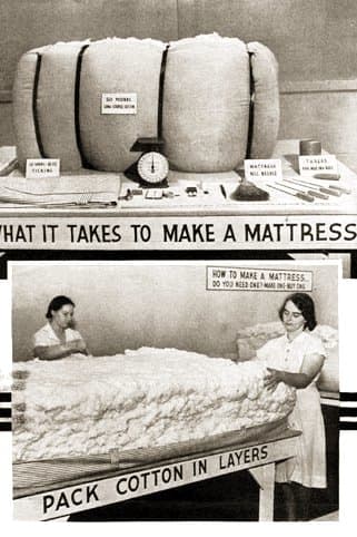 A USDA circular promoting home production of cotton mattresses. Materials needed to make a mattress included "10 Yards--8 oz. Ticking," "50 Pounds Long Staple Cotton," "Mattress Roll Needle," and "Thread for Making Roll." Photo: Wikipedia Commons