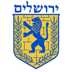 City of Jerusalem Logo displays the Lion of Judah, the Western Wall of the Temple Mount and olive branches.