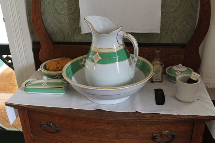 Pitchers and bowls were used in vintage homes before indoor plumbing. The pitcher pump was named after these pitchers.