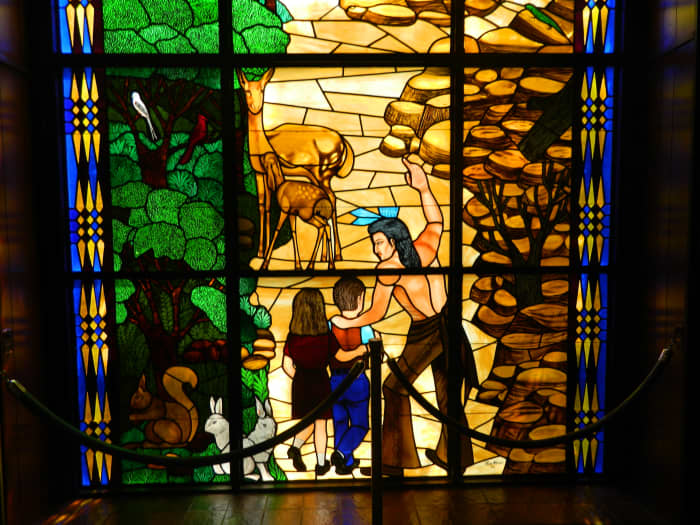 "An Indian Guide's Reply" stained glass window inside the Indian Heritage Building