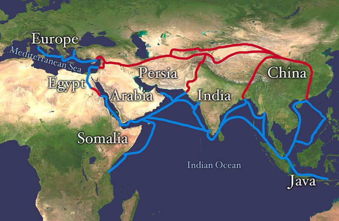Silk Road from Europe, Egypt, Somalia, the Arabian Peninsula, Iran, Afghanistan, Central Asia, Sri Lanka, Pakistan, India, Bangladesh, Burma, Java-Indonesia, and Vietnam, China.Red is land route and the blue is the sea water route.