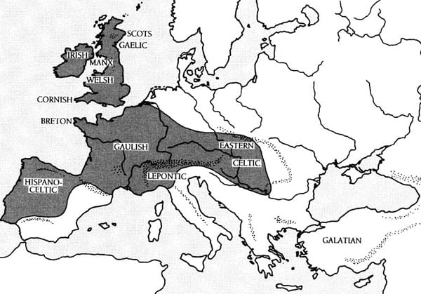 The locations of the Celts around the perimeter of the Roman Empire before expansion into Gaul and Britain
