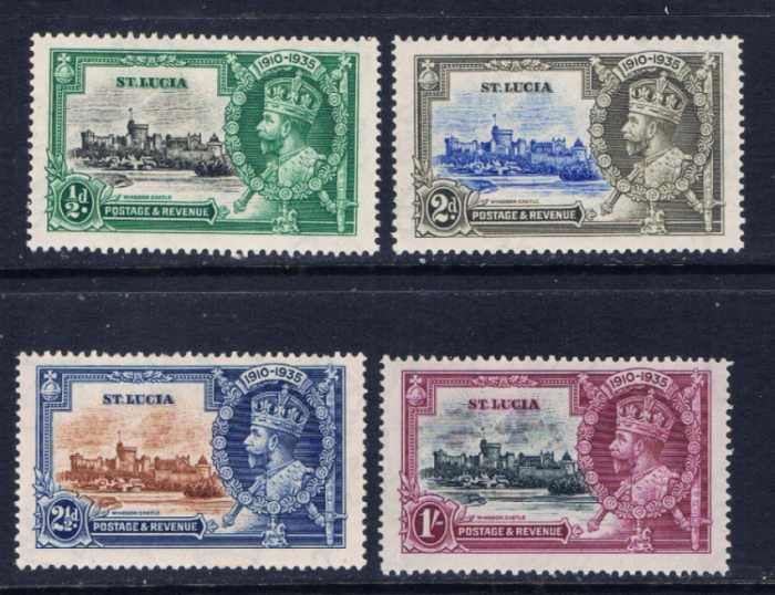 Set of stamps issued in 1935 by St. Lucia commemorating the Silver Jubilee of the reign of King George V of England. Most members of the British Commonwealth issued a similar set of stamps.