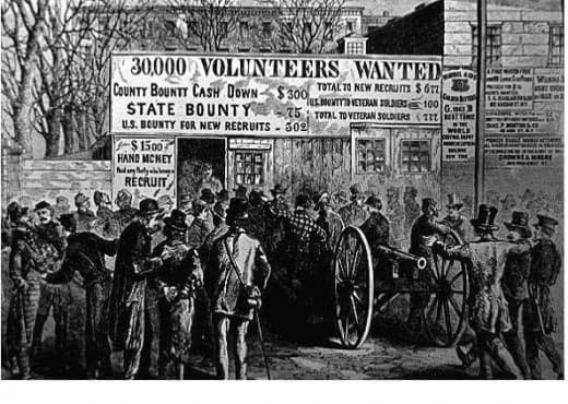 An illustration mocking the Union's desperation in recruitment - those illustrated were from an insane asylum. The artist was Adalbert Volck.