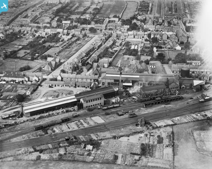 Aerial view of Guisborough Station and part of the town around Westgate. The market town still is at the heart of a network of roads that lead to Whitby, Middlesbrough, Saltburn, Stokesley and Redcar