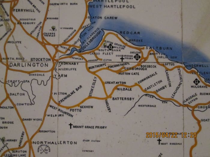 A corner of the tile map of the North Eastern Railway mounted on a wall of the National Railway Museum in York. It shows the network of lines around Middlesbrough, with Guisborough.in the centre