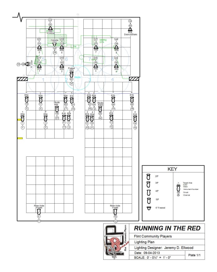 Light Plot for "Running in the Red" Note: Because I knew the space, I didn't bother labeling all the pipes. They would typically be labeled.