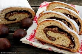 Stollen, a German sweet bread eaten at Christmas time. I took this into school one year for my colleagues and it all was eaten in five minutes.