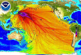 In this photo the dispersal flow of radiation from the Fukushima Disaster indicate that it now covers all of the Pacific Ocean.