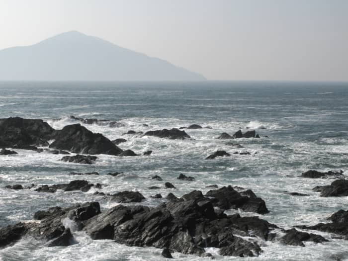 Western coast of Ireland where 16th century trading ships navigated the rocks and islands near the coastline where Grace O'Malley rulled. Achill Island in the background.
