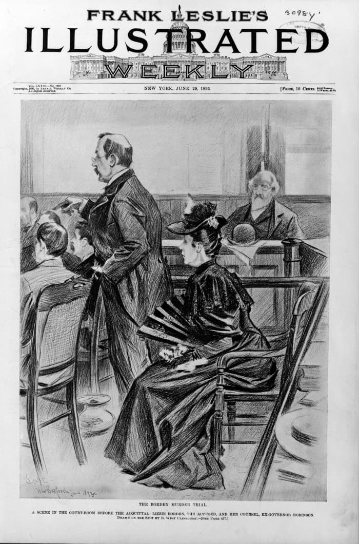 Illustration of Lizzie Borden at her trial.
