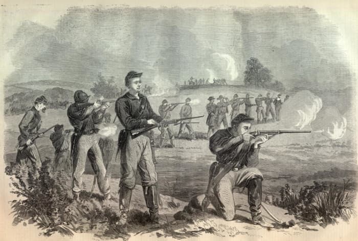 Sketch - Dismounted Skirmishers of the 1st ME Cavalry Volunteers engage the enemy with their carbines