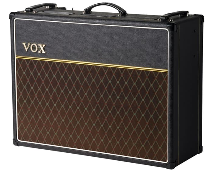 The Vox AC-30C2 is a combo amp that utilizes power tubes and a solid state rectifier to push 30 watts of sound through two Celestion G12M 12" Greenback speakers.