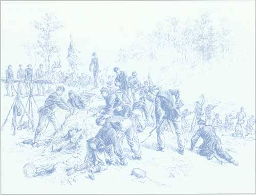 Sketch - troops use bayonets, cups, plates, and bare hands to improvise earthworks at Old Cold Harbor, VA