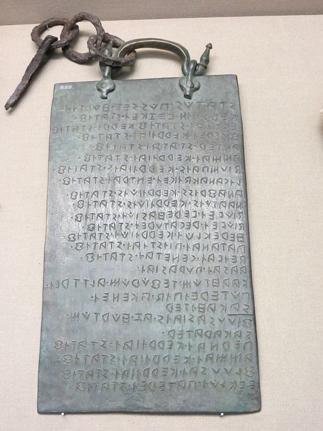 Tabula Osca originally found in Agone, Italy in the Molise region. It is written in the Oscan language. Today it is on display in the British Museum.