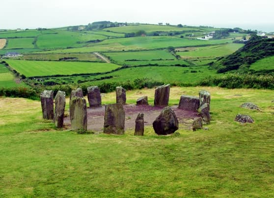 The stone circle at Dromberg with the beautiful Irish countryside in the background. Photo by Alan Simkins.