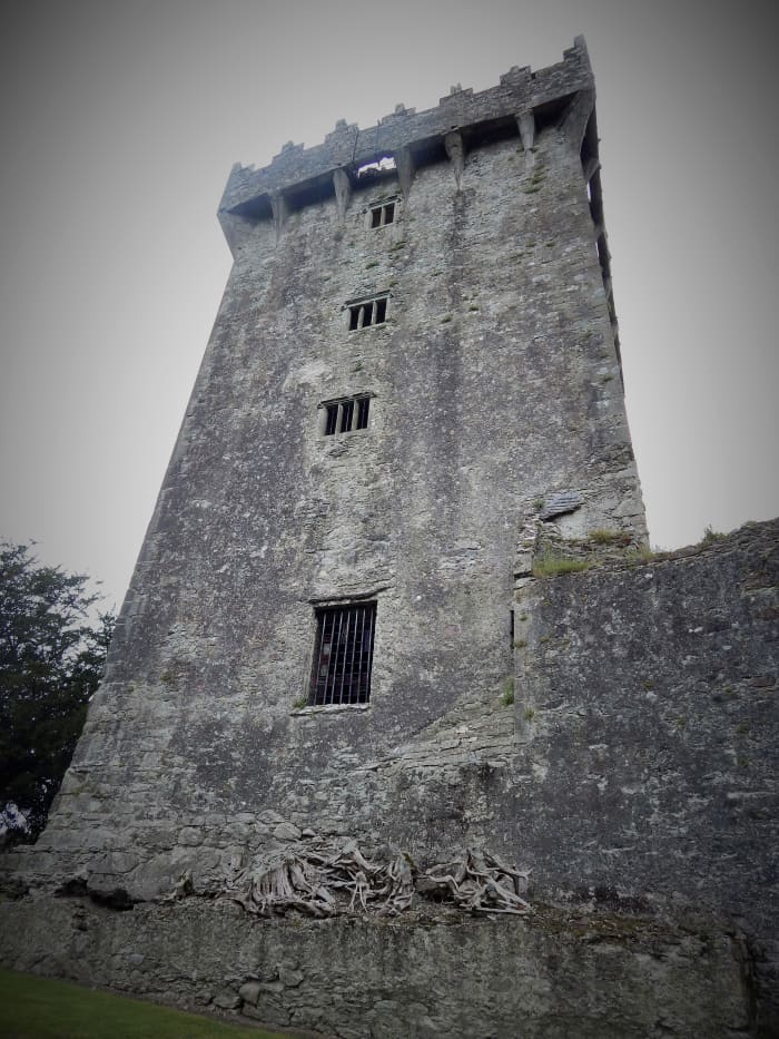 The gap in the battlements through which one must lean to kiss the stone, can be seen in this photograph.
