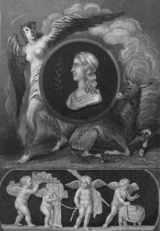 Frontispiece from Bohn's Libraries 1902 edition of The Works of Apuleius: a portrait of Apuleius flanked by Pamphile changing into an owl and the Golden Ass.