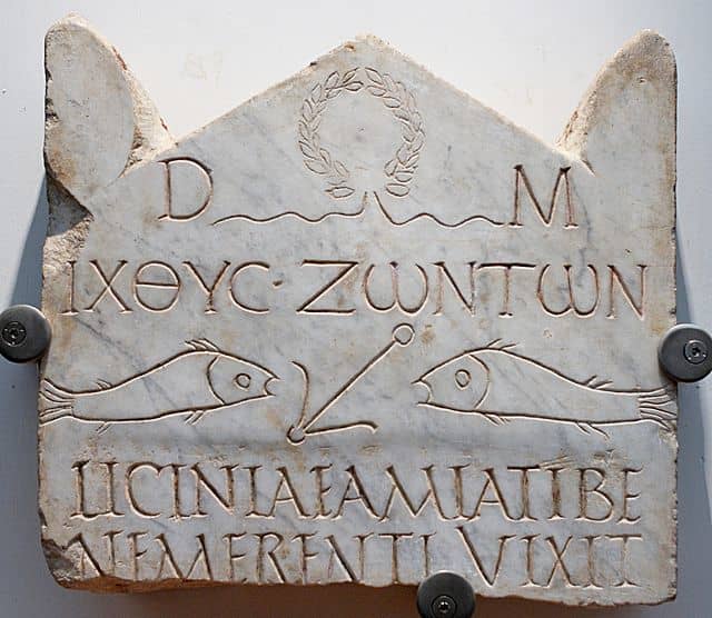 The abbreviation D.M. at the top of this 3rd-century Christian tombstone stands for Diis Manibus, "to the Spirits of the Dead"