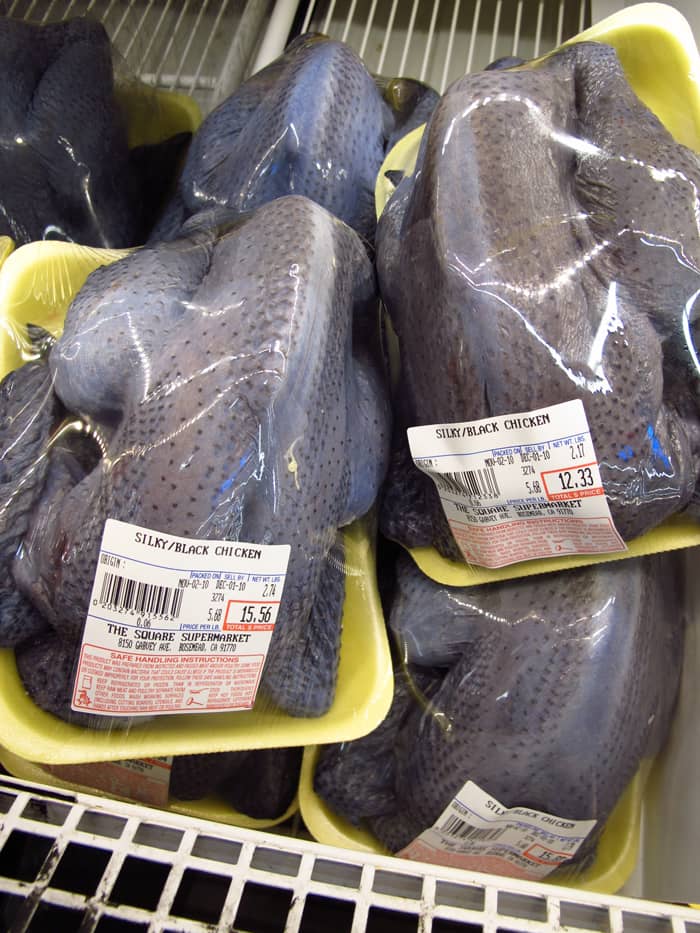 Black chicken (silky chicken / 烏骨雞 / wu gu ji) for sale - also known as hēi jī (黑雞) black chicken is known for its nutritious healing qualities and is often made into soup, along with medicinal herbs. In Korean, black chicken is: 오골계 / ogolgye.