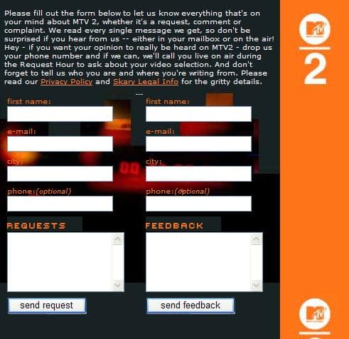 From the MTV website. M2 was constantly asking their viewers to submit requests and feedback. You know that button you press to cross the street, but the light does not seem to change any faster than if you didn't push it? This was the equivalent.