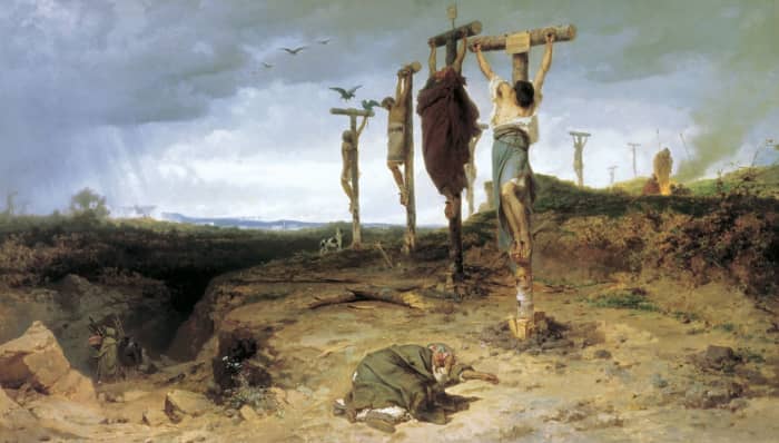While the fate of Spartacus himself is unknown, more than 6000 of his followers were crucified along the road from Rome to Capua by Crassus as an example.