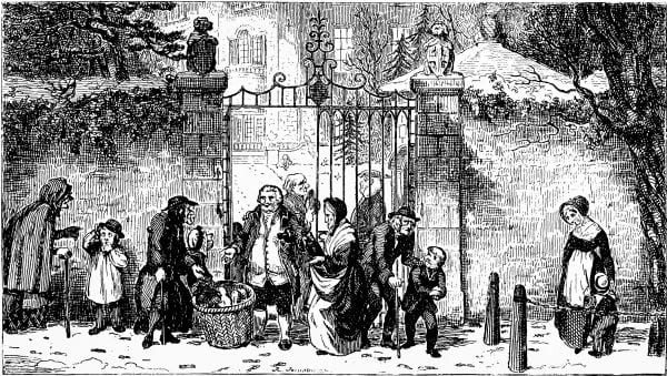 Gate of the "Old English Gentleman", showing people begging or caroling for food for winter.
