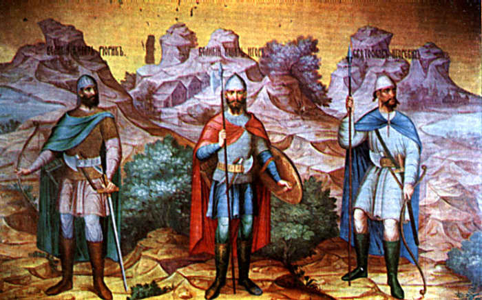 From the Palace of Facets in the Kremlin, Moscow, a mural that shows Rurik, Igor and Svyatoslav