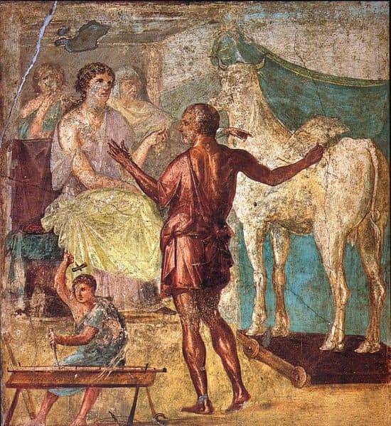 Daedalus, Pasiphae and wooden cow. Roman fresco from the northern wall of the triclinium in the Casa dei Vettii (VI 15,1) in Pompeii. PD-life-70