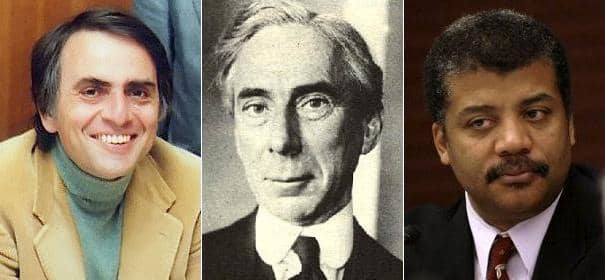 Three famous agnostics: Carl Sagan, Bertrand Russell, and Neil deGrasse Tyson (left to right). Some of the greatest thinkers of the past century were (or are) agnostic.